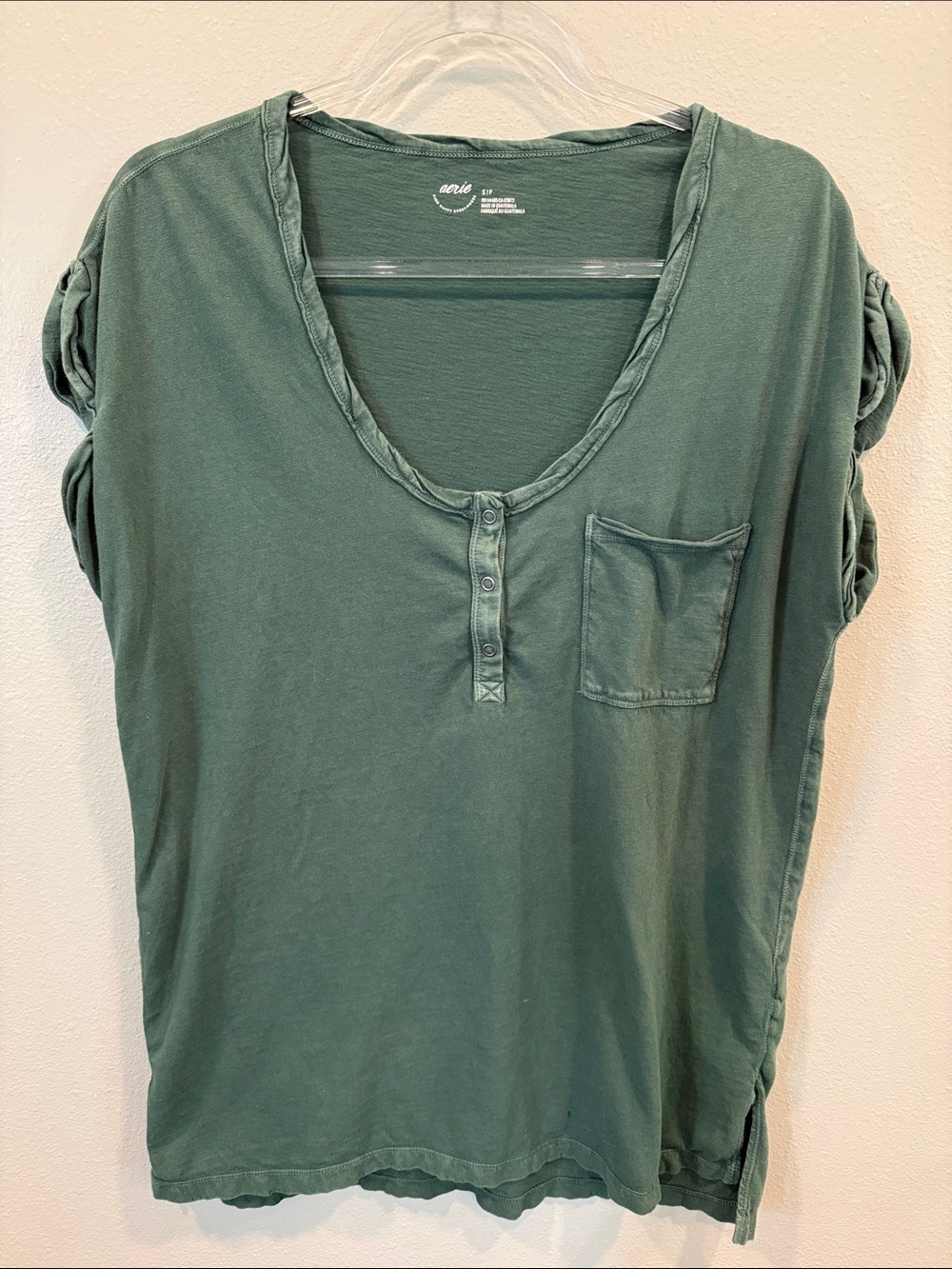 aerie Olive Green Short Sleeve Henley with Pocket